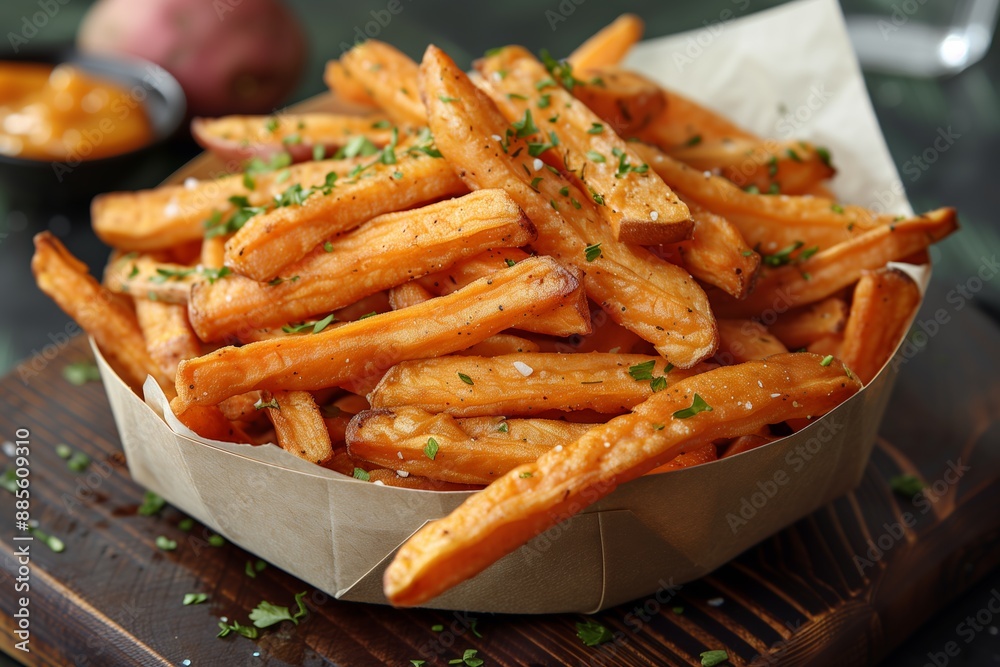 Sweet Potato Fries in Paper Bag on Transparent Background Sweet Potato Fries in Paper Bag on Transparent Background