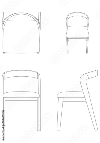 Chair Line Vector Illustration. Different Views of Modern Chair, Ideal for Furniture Design and Interior Concepts with Front, Side, and Top Views