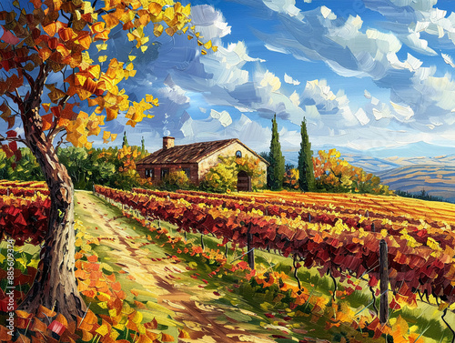 Artistic oil painting of a vineyard in autumn, rich colors, detailed textures, sunny day