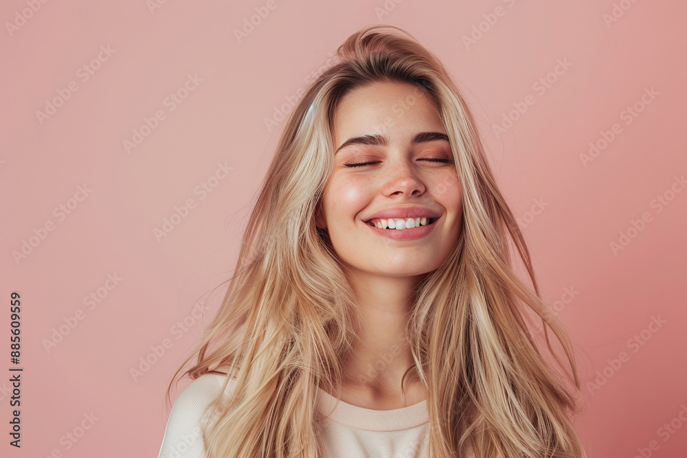 Fototapeta premium A woman with blonde hair is smiling and looking at the camera, generative ai image.