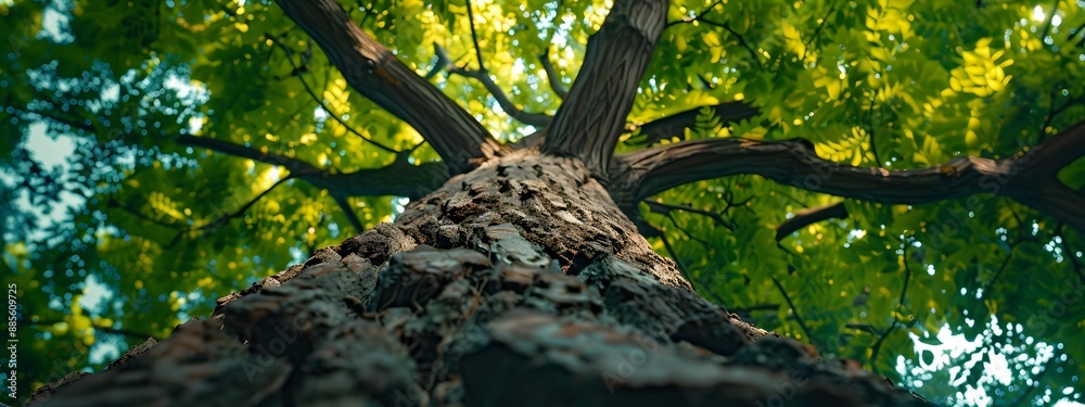 Naklejka premium A panoramic view of the canopy from below, showcasing tall trees with lush green leaves in an enchanting forest setting
