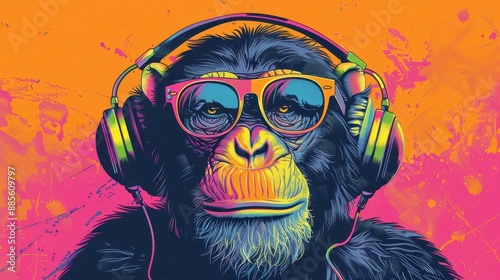 whimsical illustration of cool monkey wearing colorful headphones pop art style vibrant hues playful expression perfect for modern tshirt design or urban street art photo