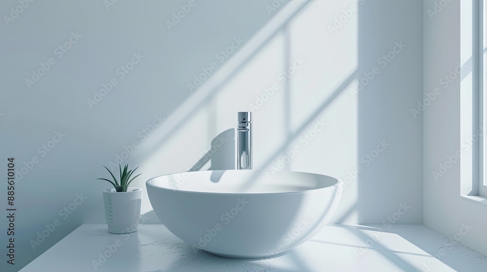 Modern ceramic wash basin and minimal style faucet in white bathroom Modern ceramic wash basin and minimal style faucet in white bathroom
