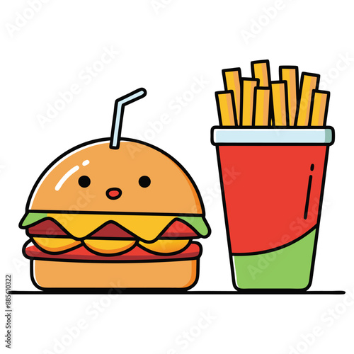 Burger, chips and drink vector illustration