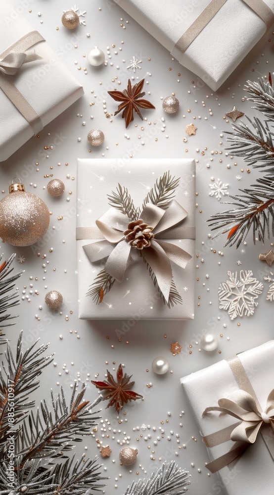 Elegant Christmas gift box with pine cone, ribbon and white decorations on white background Elegant Christmas gift box with pine cone, ribbon and white decorations on white background