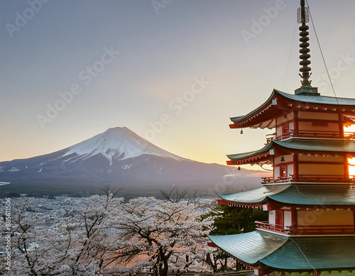  Mountain Fuji and Chureito Pagoda at Sunset in Spring- A beautiful view of Mount Fuji and C_1(219)