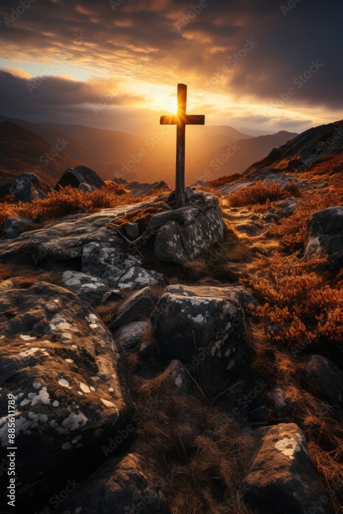 The cross of Christ at the top of the mountain with beautiful sunset in the back, generative IA
