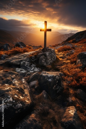 Obraz na płótnie The cross of Christ at the top of the mountain with beautiful sunset in the back, generative IA w salonie