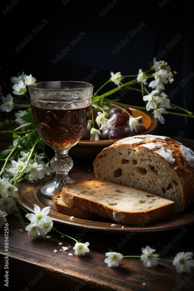 Easter Communion Still Life with Chalice of Wine and Bread, generative IA Easter Communion Still Life with Chalice of Wine and Bread, generative IA
