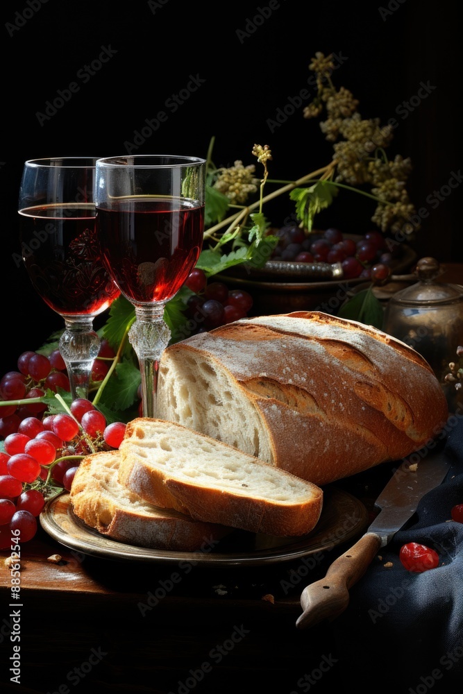 Still Life Communion with Wine and Bread Chalice, generative IA