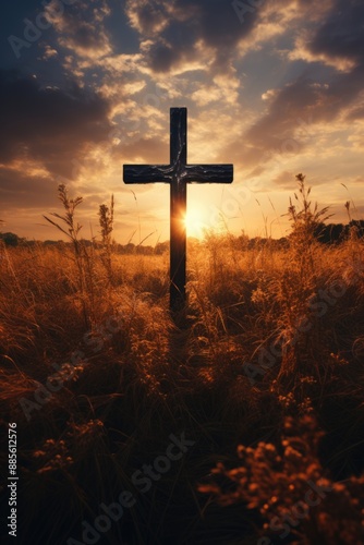 Black Cross Conceptual Concept Religion Symbol Syllable in Grass on the sunset o, generative IA