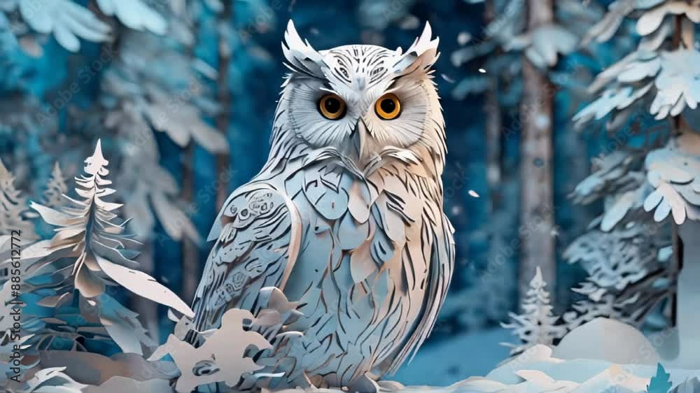White owl under snowflakes at the winter forest. 3D paper style illustration. Concept for greeting post cards, New Year and Christmas, calendars, stickers, animal protection. AI generated
