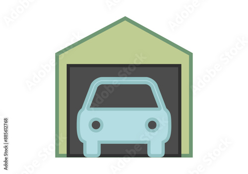 Icono de garaje con coche aparcado azul representando aparcamiento