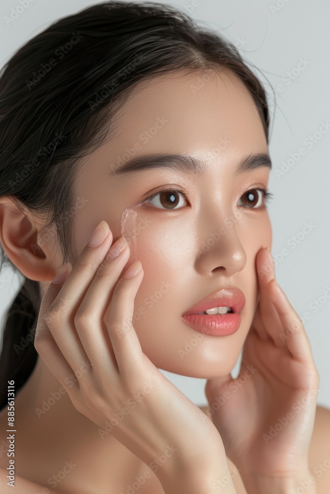 Asian model woman applies concealer with fingers in beauty studio. Close-up face shot of makeup application on white background. Hands gently hold nose and cheek, smiling or laughing expression. Asian model woman applies concealer with fingers in beauty studio. Close-up face shot of makeup application on white background. Hands gently hold nose and cheek, smiling or laughing expression.