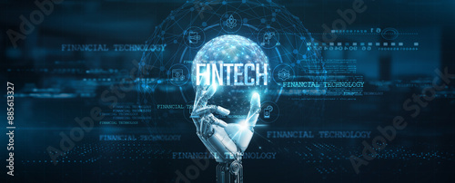 Fintech integration, Hands of robot hold financial technology solutions, blockchain, artificial intelligence, cryptocurrencies, digital banking, and payment processing technology.