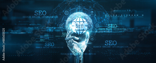 SEO, Search engine optimization, Hands of robot hold SEO search engine network connection, search engine, optimization, technology and innovation technology........