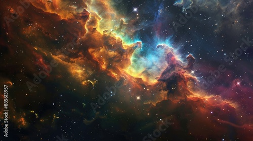 A detailed view of a nebula with multi-colored gas clouds and shining stars, set against the backdrop of the universe.