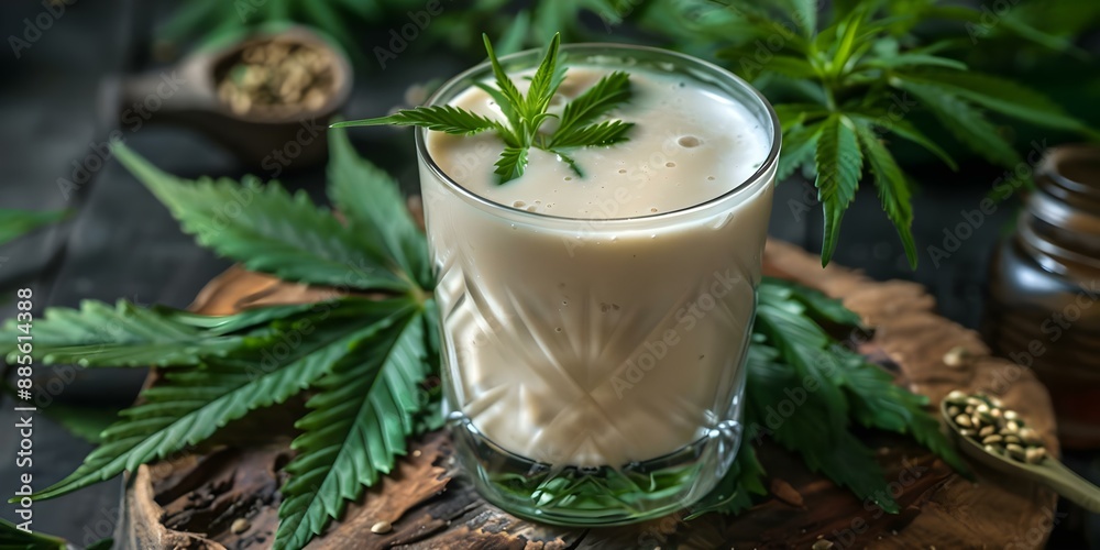 The Legal and Lactose-Free Background of Hemp Milk in Glass with Cannabis Leaves. Concept Hemp Milk, Plant-Based Milk, Legal Regulations, Cannabis Leaves, Lactose-Free Options The Legal and Lactose-Free Background of Hemp Milk in Glass with Cannabis Leaves. Concept Hemp Milk, Plant-Based Milk, Legal Regulations, Cannabis Leaves, Lactose-Free Options