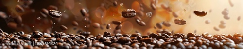 A close up of coffee beans in the air. Free copy space for banner.