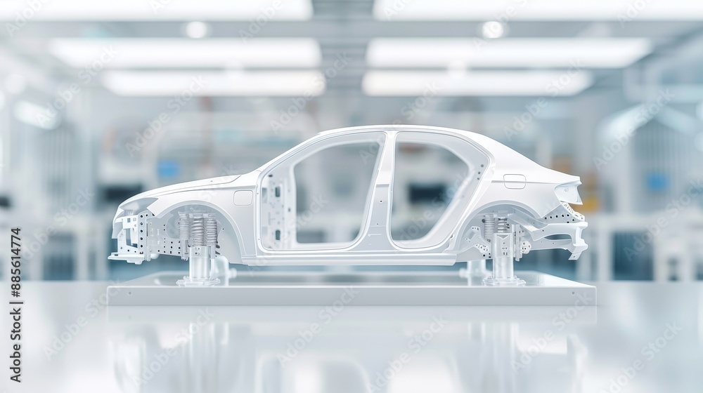 A car is shown in a factory with a bright light shining on it A car is shown in a factory with a bright light shining on it