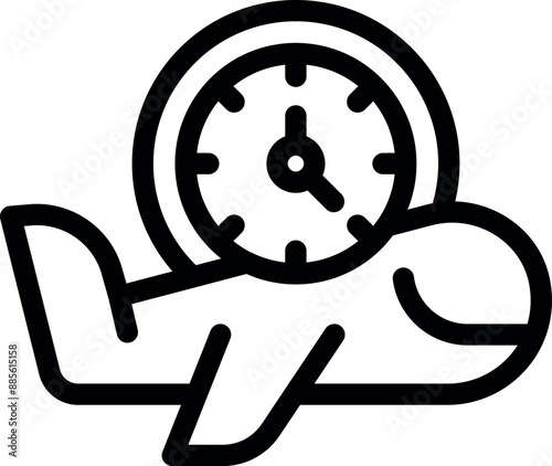 Simple black and white icon of an airplane flying with a clock representing time management for booking flights
