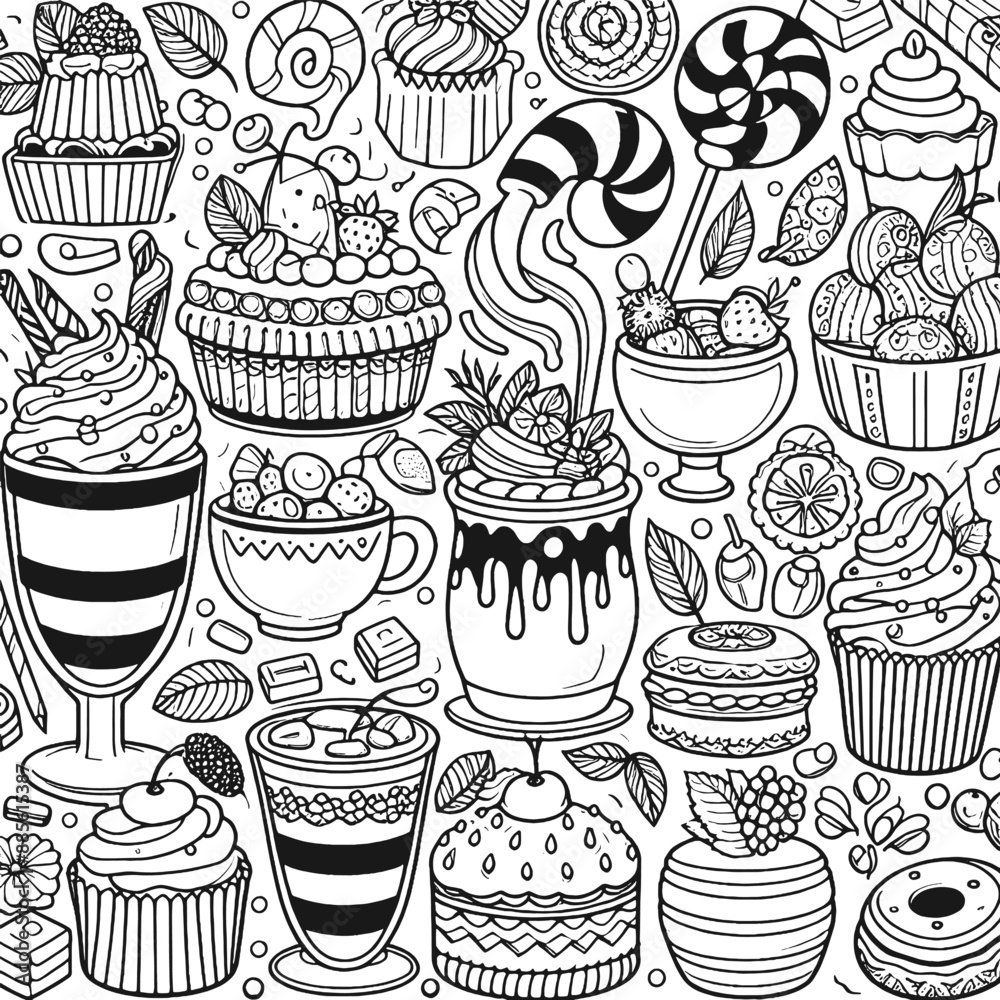 Sweet drinks desserts. Sweet food design. Confection elements and objects background. Generative ai.