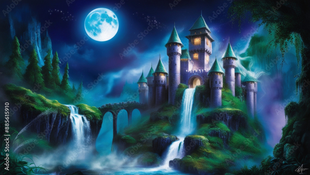 Fototapeta premium night fortress in moonlight with waterfall