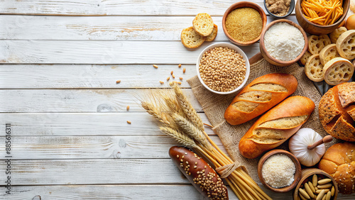 A variety of freshly baked bread, grains, and other baking ingredients are arranged on a white wooden tabletop