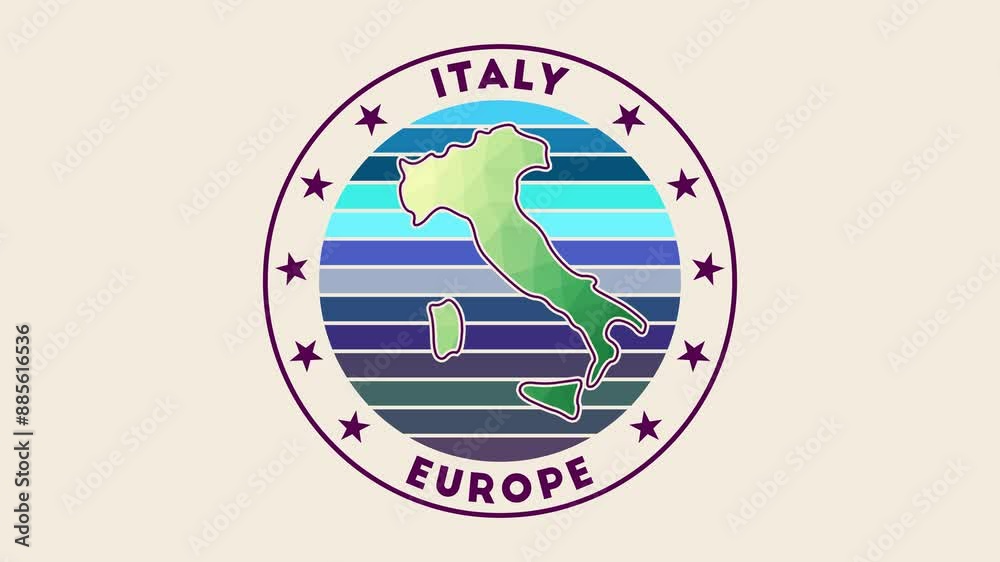 Italy intro video. Badge with the circular name and map of the country in low poly tech geometric style. Elegant country round logo animation.