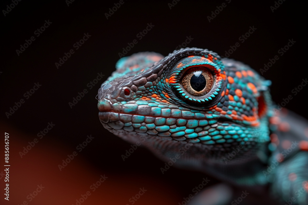 Close-up of a colorful lizard with intricate scales and mesmerizing gaze, vibrant hues against blurred background, textured skin, intense stare drawing viewers into wildlife world Close-up of a colorful lizard with intricate scales and mesmerizing gaze, vibrant hues against blurred background, textured skin, intense stare drawing viewers into wildlife world