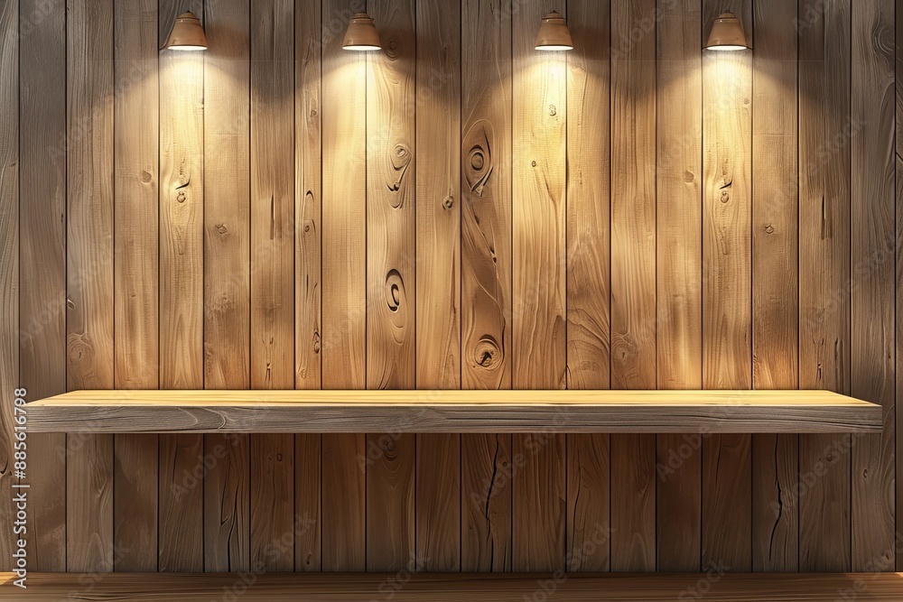 Wooden shelf with spotlights on rustic wall background in a warm and cozy setting Wooden shelf with spotlights on rustic wall background in a warm and cozy setting