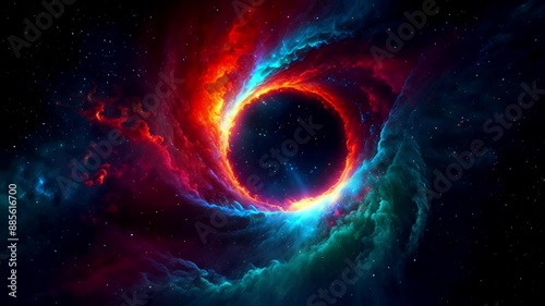 Abstract background Galaxy black hole vortex phenomenon surrounded by cosmic energy. galactic wormholes, energy smoke waves, fire ring vortexes. Universe galaxy cosmic wallpaper. 4K