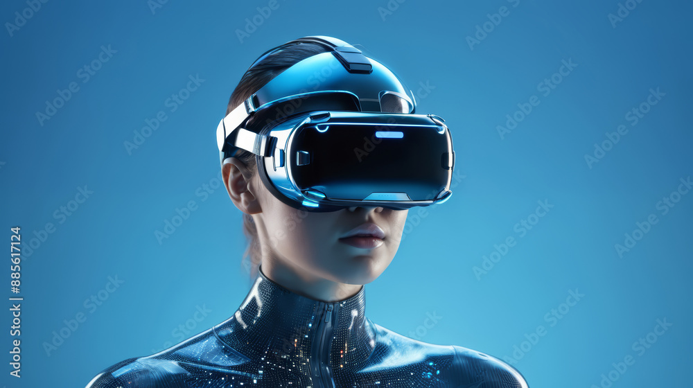 Woman Wearing Virtual Reality Headset Against Blue Background Woman Wearing Virtual Reality Headset Against Blue Background