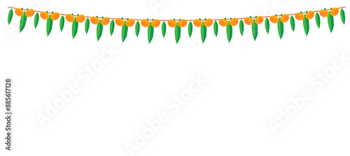 Vector garland illustration of orange marigold flower & mango leaves for wedding and indian festivals vector background