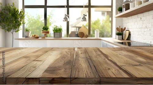 The internal wood of the kitchen background top counter blurs into an empty, light-colored space. Modern window food display design with texture tabletop restaurant board wall space and top kitchen © kinza