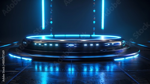 Wallpaper Mural Futuristic Podium Sleek and Metallic with Neon Blue Lighting in a Sci-Fi Setting Torontodigital.ca