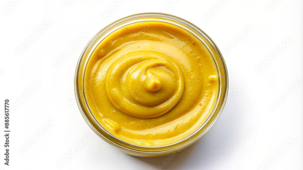 A small glass jar filled with yellow mustard, viewed from directly above. The mustard has a smooth, creamy texture with a swirling pattern A small glass jar filled with yellow mustard, viewed from directly above. The mustard has a smooth, creamy texture with a swirling pattern