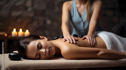 Young woman getting hot stone massage in spa salon. Beauty treatment concept.
