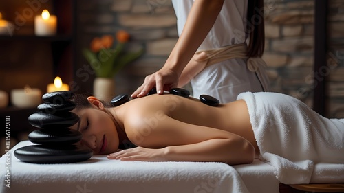 Young woman getting hot stone massage in spa salon. Beauty treatment concept.
