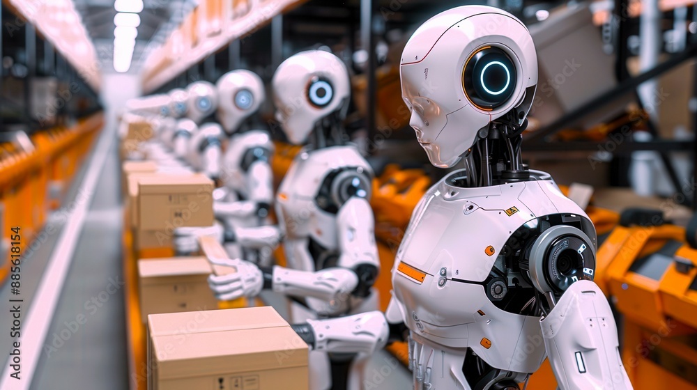 A line of robots work on an assembly line, handling packages in a warehouse. A line of robots work on an assembly line, handling packages in a warehouse.