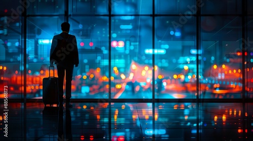 A lone traveler stands by a window, gazing at the vibrant city lights outside