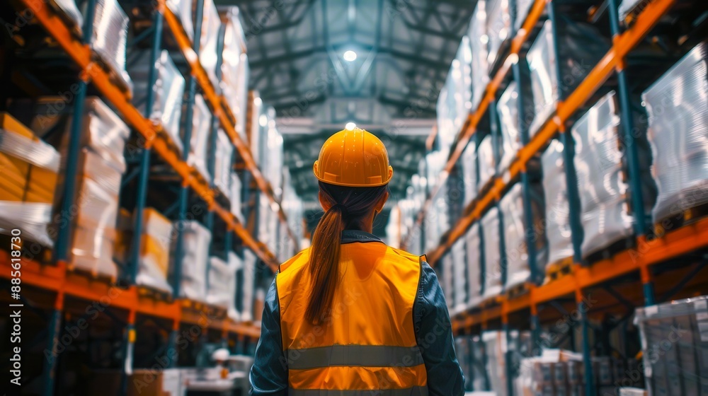 A worker in a warehouse aisle, wearing a hard hat and safety vest. The shelves are stocked with boxes. A worker in a warehouse aisle, wearing a hard hat and safety vest. The shelves are stocked with boxes.