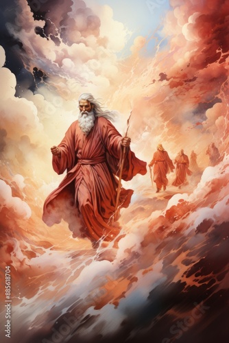 Exodus in Watercolor with Moses of Easter Hagdah Bible Story about separating th, generative IA