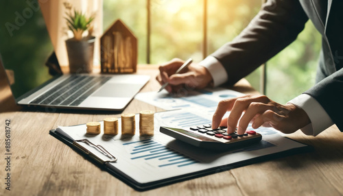 A person in a business suit is using a calculator at a desk with financial documents, a laptop, and stacks of gold coins, set against a bright, natural light-filled background