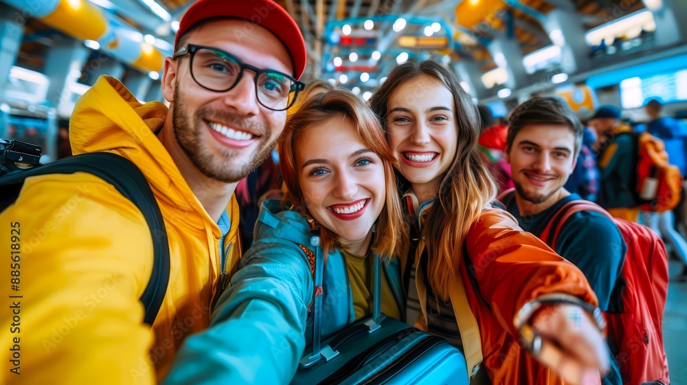 Four young friends smiling for a selfie while traveling. Four young friends smiling for a selfie while traveling.