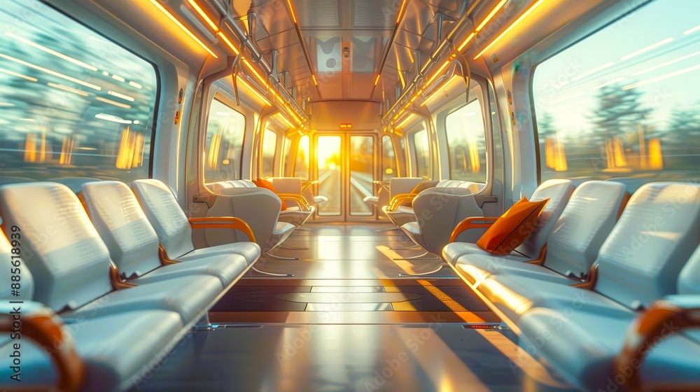 Empty train carriage with sunlight streaming through the windows. Empty train carriage with sunlight streaming through the windows.