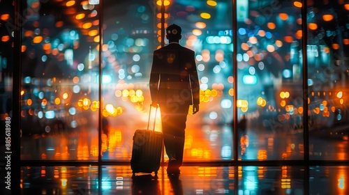 Silhouette of a businessman with a suitcase standing in front of a window with blurred city lights at night. photo