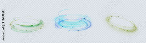 Vortex vector. Bright wind lines swirl in a circle with flying particles of green leaves on a white background. Light effect for perfume design and pharmaceutical industry. Adobe Illustrator Artwork