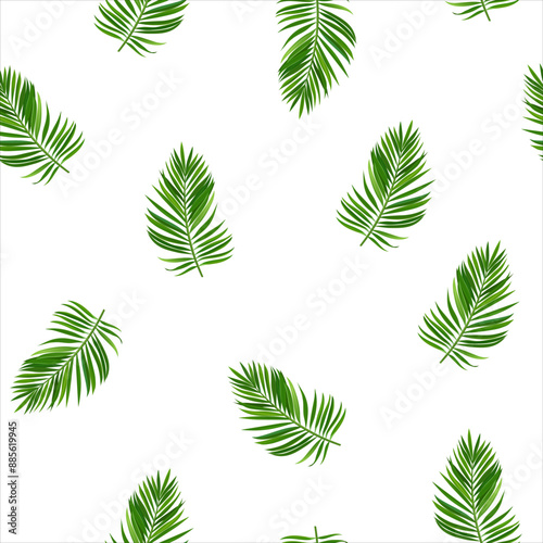 Vector seamless pattern with tropical leaves on white background.
