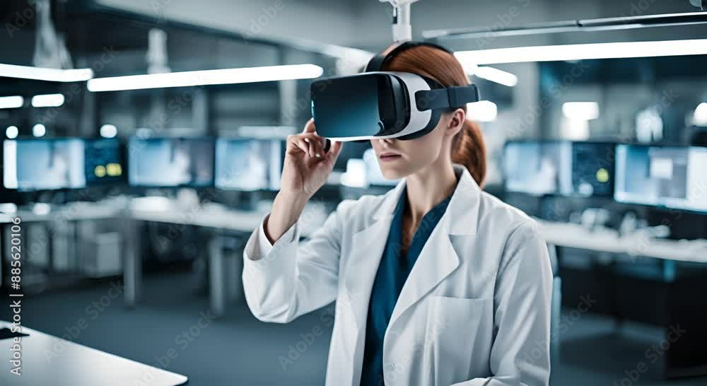Scientist with VR glasses in a laboratory. Scientist with VR glasses in a laboratory.